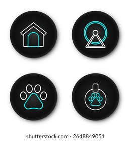 Set line Collar with name tag, Paw print, Hamster wheel and Dog house icon. Vector