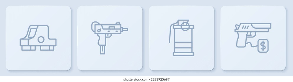Fijar la línea de la vista Collimator, la granada de humo de mano, la subametralladora UZI y la pistola de compra. Botón cuadrado blanco. Vector