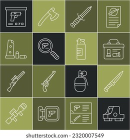 Fijar la línea de la vista del Collimator, el cuchillo militar, la caja de municiones, la búsqueda de pistolas Pistol, la revista Gun y las balas, y el icono de la botella de aceite de armas. Vector