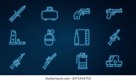 Línea de ajuste Vista de colimador, pistola Tommy, revólver Pequeño, granada de mano, balas de la revista de armas, cuchillo militar, bala y arma icono de la caja. Vector