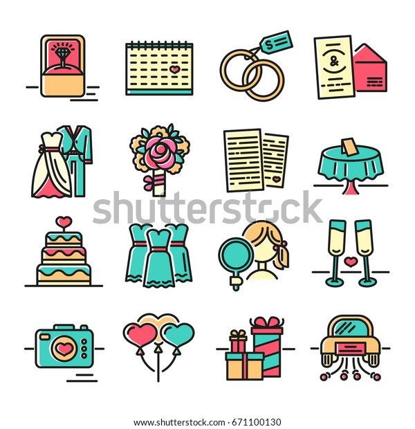 Set line color icon for wedding.\
The symbols of the groom, the bride, the wedding invitation and the\
ring. Collection of signs for the newlyweds with.\
Vector.