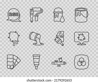 Set Line Color Palette Guide, RGB And CMYK Color Mixing, Paint Bucket, Tube With Paint, Spray Gun And  Icon. Vector