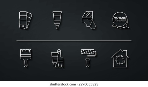 Set line Color palette guide, Paint brush, RGB, roller, Tube with paint and, Painting the house and Car painting icon. Vector