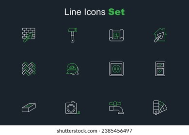 Set line Color palette guide, Water tap, Roulette construction, Brick, Hammer and wrench spanner, Electrical outlet, Worker safety helmet and Parquet icon. Vector