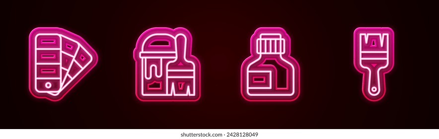 Set line Color palette guide, Paint bucket with brush, Paint, gouache, jar, dye and . Glowing neon icon. Vector