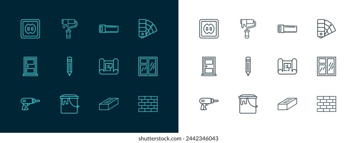 Set line Color palette guide, Paint bucket, House plan, Brick, Pencil with eraser, Hand saw, Electrical outlet and roller brush icon. Vector