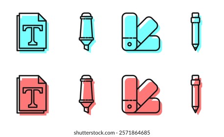 Set line Color palette guide, Text file document, Marker pen and Pencil with eraser icon. Vector