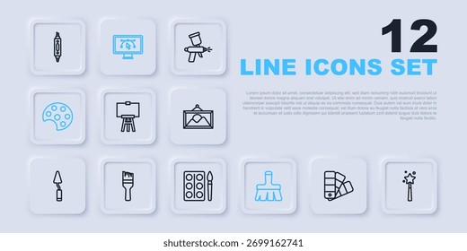 Set line Color palette guide, Magic wand, Wood easel, Paint brush, Palette, Computer with design program and Watercolor paints box icon. Vector