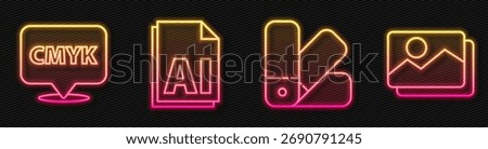 Set line Color palette guide, Speech bubble with text CMYK, AI file document and Picture landscape. Glowing neon icon. Vector