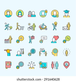 Set of line color people icons    