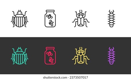 Set line Colorado beetle, Fireflies bugs in jar, Beetle and Centipede on black and white. Vector