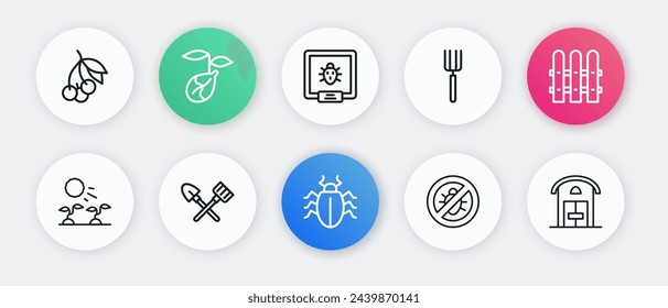 Set line Colorado beetle, Garden fence wooden, Plant sprouts grow in the sun, Stop colorado, pitchfork, Farm house and Shovel and rake icon. Vector