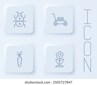 Set line Colorado beetle, Lawn mower, Carrot and Flower. White square button. Vector