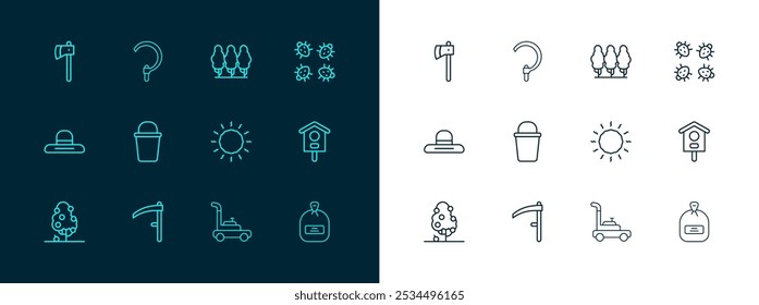 Set line Colorado beetle, Scythe, Sun, Lawn mower, Bucket, Fruit trees, Wooden axe and Sickle icon. Vector