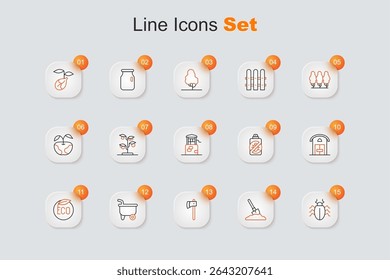 Set line Colorado beetle, Shovel in the ground, Wooden axe, Wheelbarrow, Eco healthy food, Farm house, Spray against insects and Well icon. Vector