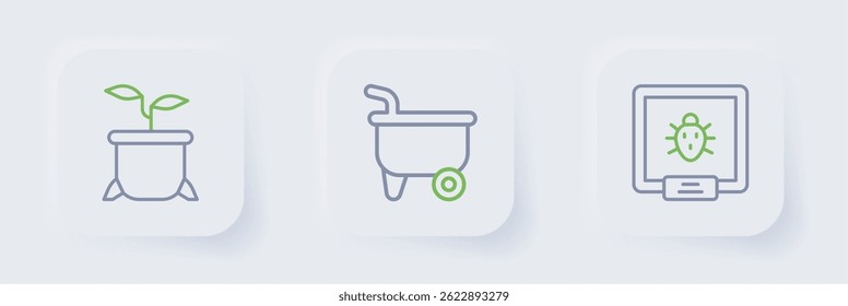 Set line Colorado beetle, Wheelbarrow and Plant in pot icon. Vector