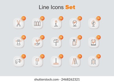 Set line Colorado beetle, Wooden staircase, Garden rake, axe, hose, Calendar with autumn leaves, sprayer for water and Bird house icon. Vector