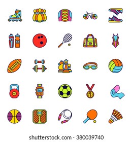 Set of line colored icon. Sport, fitness and recreation equipment. Contour colorful icons. Info graphic elements. Simple design. Vector illustration, eps 10.  