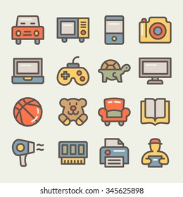 Set of line colored icons for e-commerce shopping mall illustrated different departments: auto and tires, toys, video games, movies and tv, audio and photo, pets products, home supply. Vector icons. 