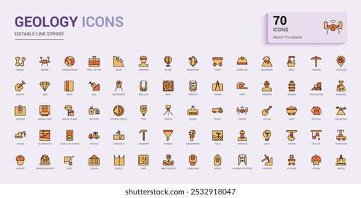 Set of line colorful geology icons. Filled and line style color icons bundle. Editable stroke. Pixel perfect. Vector illustration.