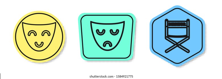 Set line Comedy theatrical mask , Drama theatrical mask  and Director movie chair . Colored shapes. Vector