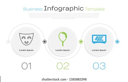 Set line Comedy theatrical mask , Balloon with ribbon  and Screen tv with 4k Ultra HD video technology . Business infographic template. Vector