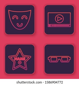 Set line Comedy theatrical mask , Hollywood walk of fame star on celebrity boulevard , Online play video  and 3D cinema glasses . Blue square button. Vector