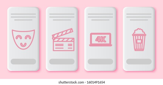 Set line Comedy theatrical mask , Movie clapper , Laptop screen with 4k video technology  and Popcorn in cardboard box . White rectangle button. Vector