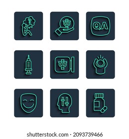 Set line Comedy theatrical mask, Solution to problem, Sedative pills, Question and Answer, Psychology, Psi, Addiction drug, Head with question mark and Anger icon. Vector