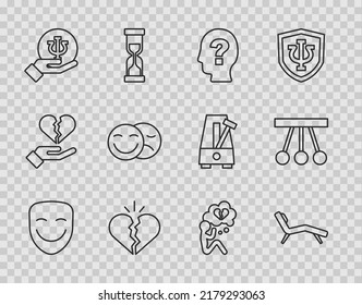 Set line Comedy theatrical mask, Armchair, Head with question mark, Broken heart or divorce, Psychology, Psi, and tragedy masks,  and Pendulum icon. Vector - Powered by Shutterstock - Get 15% off with code: PIKWIZARD15