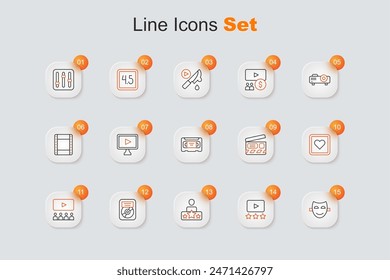 Set line Comedy theatrical mask, Rating movie, Actor star, CD disk award frame, Cinema auditorium with screen, Like heart, Movie clapper and VHS video cassette tape icon. Vector