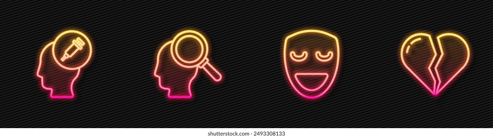 Set line Comedy theatrical mask, Addiction to drug, Finding problem and Broken heart or divorce. Glowing neon icon. Vector