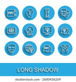 Set line Comedy theatrical mask, Psychology, Psi, Question mark, Man graves funeral sorrow,  and  icon. Vector