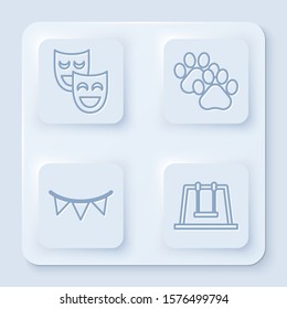 Set line Comedy theatrical masks, Paw print, Carnival garland with flags and Swing. White square button. Vector