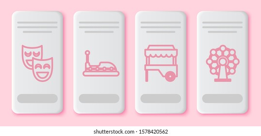 Set line Comedy theatrical masks, Bumper car, Fast street food cart with awning and Ferris wheel. White rectangle button. Vector