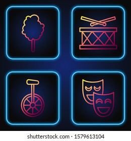 Set line Comedy theatrical masks, Unicycle or one wheel bicycle, Cotton candy and Drum with drum sticks. Gradient color icons. Vector