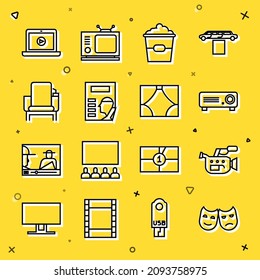 Set line Comedy and tragedy masks, Cinema camera, Movie, film, media projector, Popcorn box, poster, chair, Online play video and Curtain icon. Vector