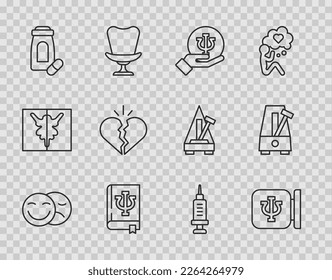 Set line Comedy and tragedy masks, Psychology, Psi, book,, Sedative pills, Broken heart or divorce, Addiction to the drug and Metronome with pendulum icon. Vector