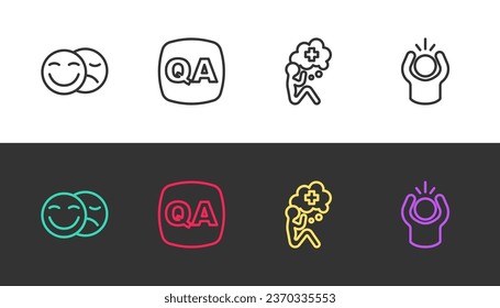 Poner en línea las máscaras de la comedia y la tragedia, la respuesta de la pregunta, la ayuda y la ira en blanco y negro. Vector
