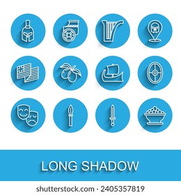 Set line Comedy and tragedy masks, Medieval spear, Greek helmet, sword, Olives in bowl, branch, shield and trireme icon. Vector
