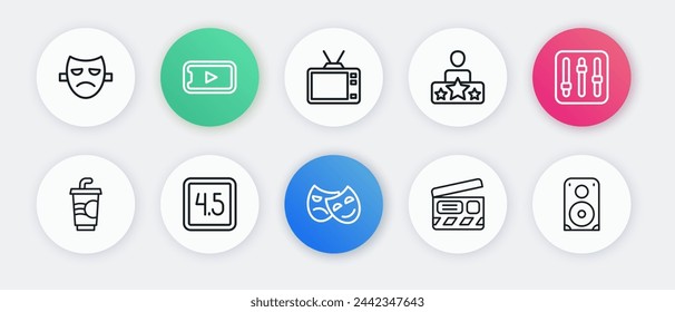 Máscaras de comedia y tragedia, controlador de mezclador de sonido, vidrio de papel con agua, clip de película, estrella de actor, tv retro, altavoz estéreo e icono de película de clasificación. Vector