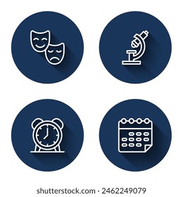 Set line Comedy and tragedy masks, Microscope, Alarm clock and School timetable with long shadow. Blue circle button. Vector