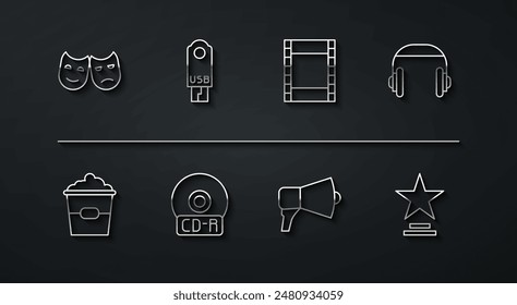 Set line Comedy and tragedy masks, Popcorn in box, Headphones, Megaphone, CD DVD disk, USB flash drive, Movie trophy and Play Video icon. Vector