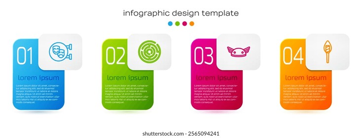 Set line Comedy and tragedy masks, Minotaur labyrinth, Helmet with wings and Torch flame. Business infographic template. Vector