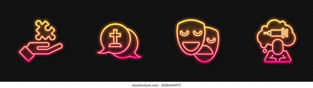 Set line Comedy and tragedy masks, Solution to the problem, Graves funeral sorrow and Addiction drug. Glowing neon icon. Vector