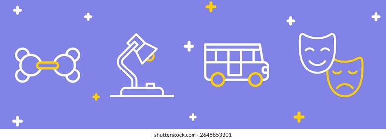 Set line Comedy and tragedy masks, School Bus, Table lamp and Molecule icon. Vector