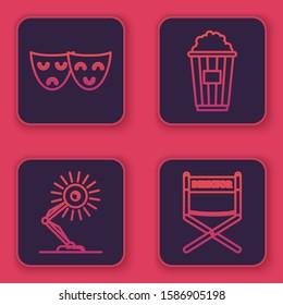 Set line Comedy and tragedy theatrical masks , Table lamp , Popcorn in cardboard box  and Director movie chair . Blue square button. Vector