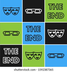Set line Comedy and tragedy theatrical masks , The End handwritten inscription  and 3D cinema glasses  icon. Vector