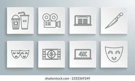 Set line Comedy and tragedy theatrical masks, Cinema camera, Play Video, Laptop screen with 4k video technology, Buy cinema ticket online, Knife and Popcorn soda drink glass icon. Vector