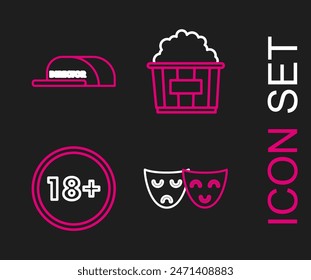 Set line Comedy and tragedy theatrical masks, Under 18 years, Popcorn in cardboard box and Cap with inscription director icon. Vector
